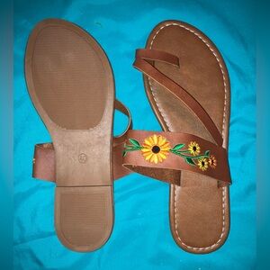 SHEIN Brown Sandals with Sunflower Embroidery size 9 over the toe design